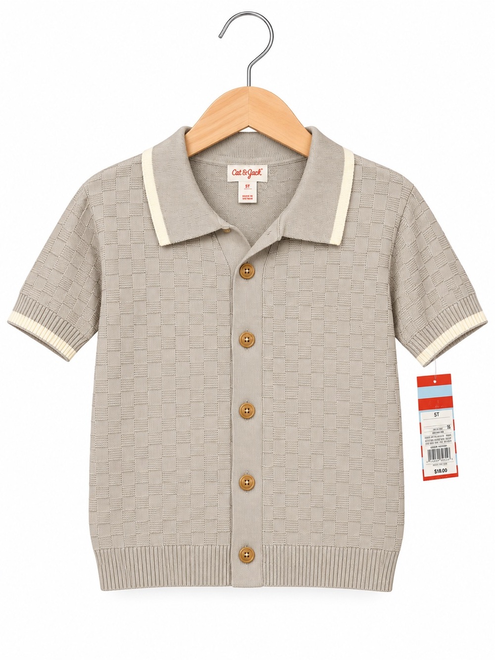 Cat & Jack Beige Short-Sleeve Button-Front Knit Polo with Cream Trim
